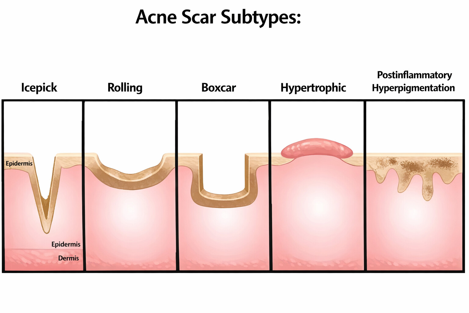 Acne scar subtypes shown as skin cross-sections — icepick, rolling, boxcar and hypertrophic scars, and post-inflammatory hyperpigmentation.