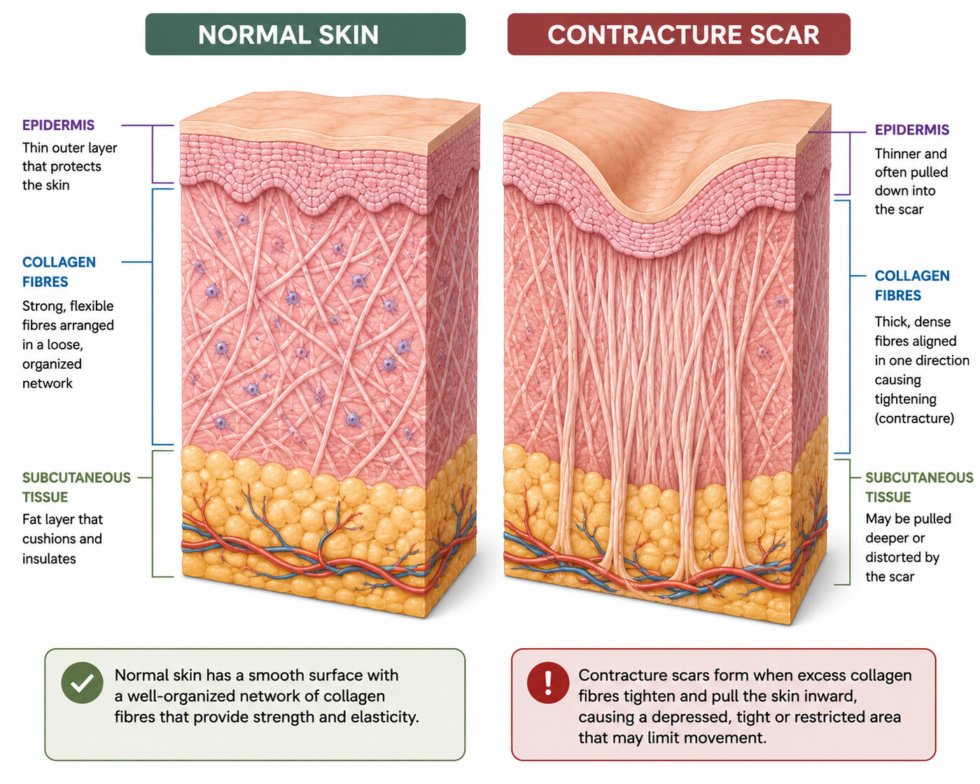 Cross-section diagram comparing normal skin and a contracture scar — in a contracture scar the collagen fibres become thick, dense and aligned in one direction, pulling the skin inward and restricting movement.