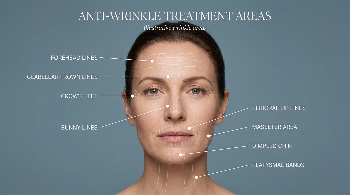 Anti-wrinkle treatment areas — illustrative wrinkle areas