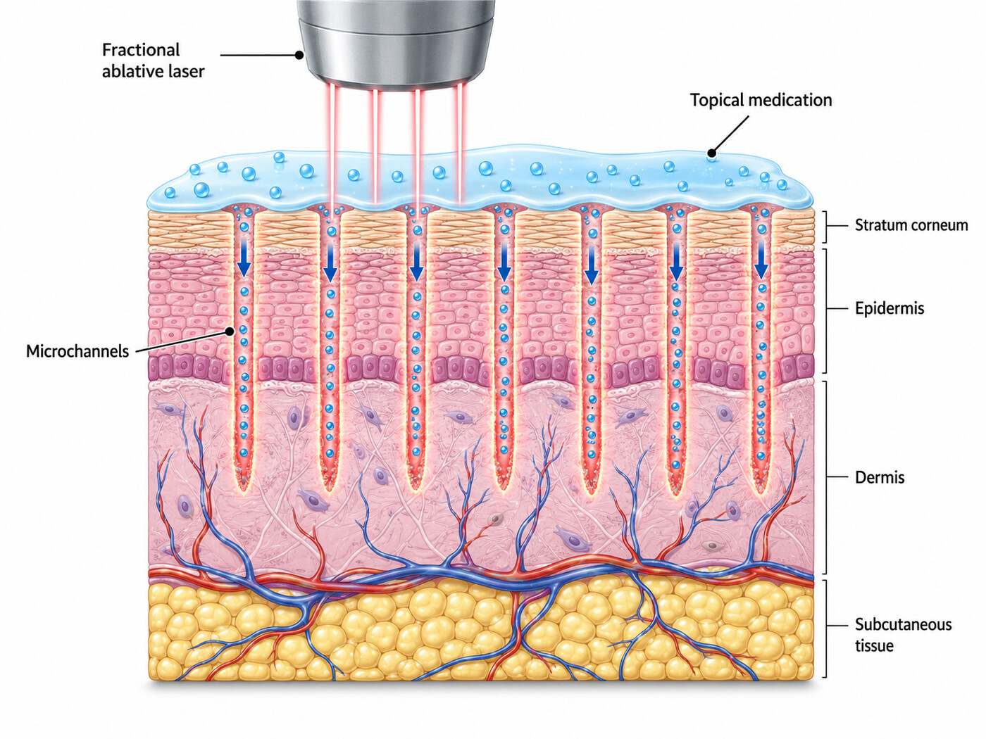 Laser-assisted drug delivery diagram — a fractional ablative laser creates microchannels through the epidermis into the dermis, allowing topical medication to penetrate directly into the scar tissue.