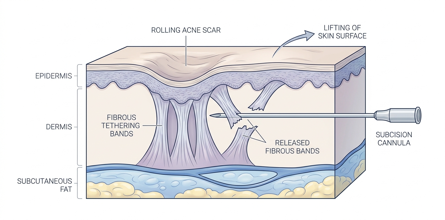 Subcision cross-section: a fine cannula releasing the fibrous bands that tether a rolling acne scar, lifting the skin surface