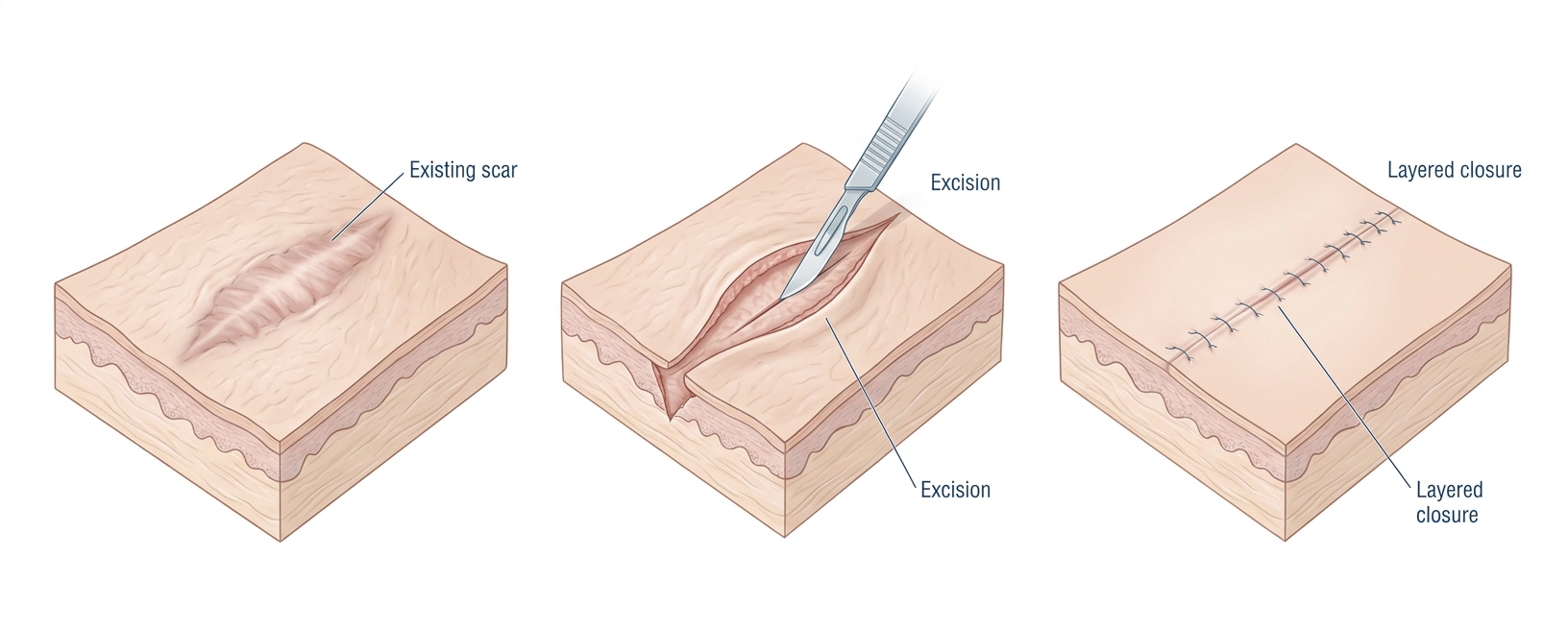 Surgical scar revision in three steps: an existing scar is excised and closed in layers to leave a fine, flat line